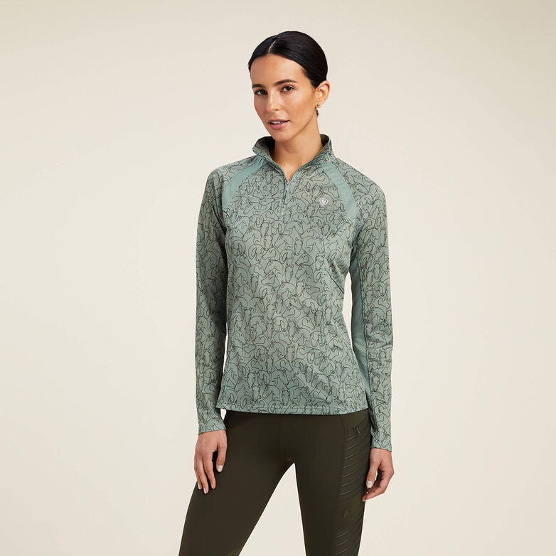 SUNSTOPPER 2.0 1/4 ZIP BASELAYER HEDGE GREEN DOODLE HORSE