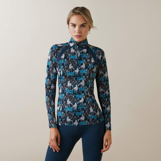 ARIAT SUNSTOPPER 2.0 1/4 ZIP BASELAYER MOSAIC BLUE REFLECTIONS PRINT